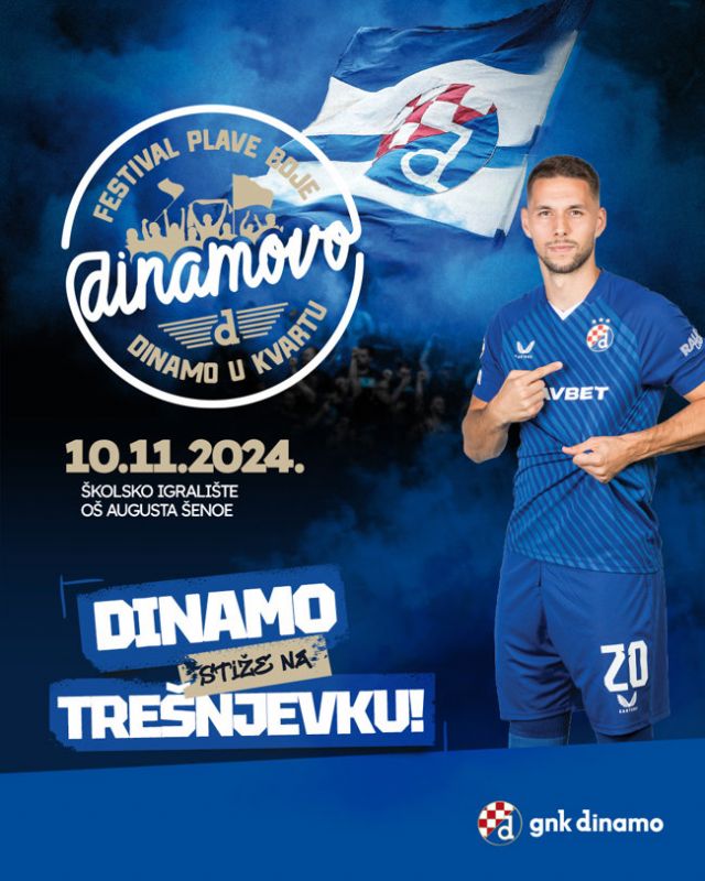 🔵 Dinamovo’ na Trešnjevci: Malonogometni turniri, brojne zabavne aktivnosti, ‘zvučni’ koncerti, igrači GNK Dinamo i – Zaklada Nema Predaje!🔜 Nakon što je projekt ‘Dinamovo’ u svibnju tekuće godine imao fantastičnu premijeru na istoku Zagreba, u Dubravi, ova ‘plava’ manifestacija, kojoj je cilj povezivanje GNK Dinamo s lokalnim zajednicama kroz direktan angažman u zagrebačkim kvartovima, seli u kvart ‘od centra prema zapadu’, zagrebačku Trešnjevku.🍒 Drugo izdanje projekta ‘Dinamovo’ održat će se u nedjelju, 10. studenog na prostoru Osnovne škole Augusta Šenoe, na adresi Selska 95 i Igralište Selska. Cijela manifestacija počinje u 9 sati, a sadržajni program traje do 21 sat.⚽️ GNK Dinamo organizirao je superbogati sadržaj za sve okupljene - očekuju nas dva malonogometna turnira, razne igraonice i radionice za djecu i odrasle, kvizove, nagradne igre, uključujući i lov na blago. Mnoge će razveseliti i mini nogometni poligoni te natjecanja koja će biti organizirana tijekom pauza od odigravanja nogometnih utakmica na organiziranim turnirima. Dakako, cijelu priču upriličit će bogata ugostiteljska ponuda kako nitko ‘Dinamovo’ ne bi napustio gladan i žedan.💙 Na ‘Dinamovom’ pridružit će nam se i ostali zagrebački kolektivi čiji naziv krasi ‘SVETO IME’ te će nam Futsal Dinamo, OK Dinamo, KK Dinamo, ŽNK Dinamo i Sportska škola Dinamo kroz zanimljive radionice i mini-igre prezentirati svoje sportove.🎤 Ovu sjajnu manifestaciju dodatno će začiniti igrači GNK Dinamo, koji će iskoristiti dan nakon utakmice u Gorici za druženje i fotografiranje s vjernim navijačima i s njima, nadamo se, proslaviti subotnju pobjedu. Cijeli događaj zaključit će se s koncertima poznatih bendova Aerodrom i Šank?!.💪 S ponosom možemo napomenuti kako ćete na terenima OŠ Augusta Šenoe moći pronaći i štand Dinamove zaklade Nema Predaje, informirati se o radu same Zaklade, izvršiti jednokratne donacije ili postati Prijatelj zaklade.🗣Nakon Velike Gorice u subotu, u nedjelju - svi na Dinamovo u Trešnjevku!