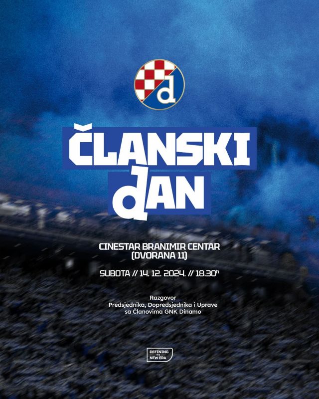 🔵 Članski dan - prva javna tribina na kojoj će članovi @gnkdinamo dobiti odgovore na svoja pitanja i saznati planove za 2025. godinu 💪🏻🗓️ 14. prosinca
🕡 18:30 sati
📍 Cinestar Branimir centar – dvorana 11
🎟️ Ulaznice: 6 euraUlaznice su dostupne na tickets.gnkdinamo.hrSav prihod od kupljenih ulaznica donirat će se Dinamovoj zakladi “Nema predaje” 💙Prilikom kupnje ulaznice potrebno je upisati i broj članske ulaznice, a pravo kupnje ulaznice imaju svi članovi u 2024. godini.Pozivamo sve članove da svoja pitanja postave na mail clanski.dan@gnkdinamo.hr uz navođenje imena i prezimena te broja članske iskaznice za 2024. godinu!#nemapredaje 💪